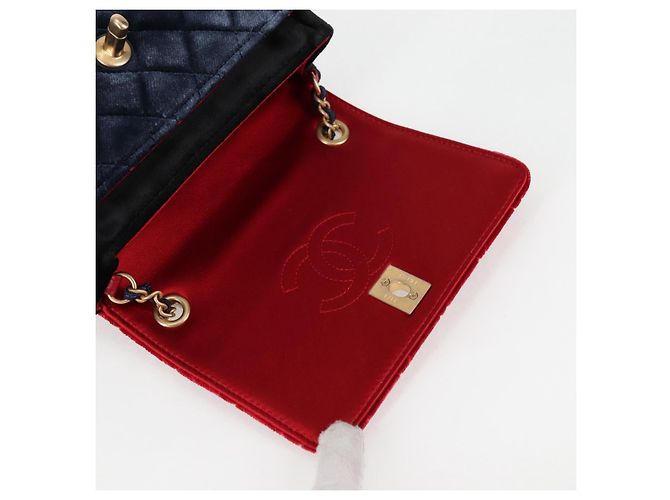 CHANEL Matelassé Camelia Borsa a Spalla con Catena Velluto Rosso CC Auth KD378SM Blu navy - vista 19