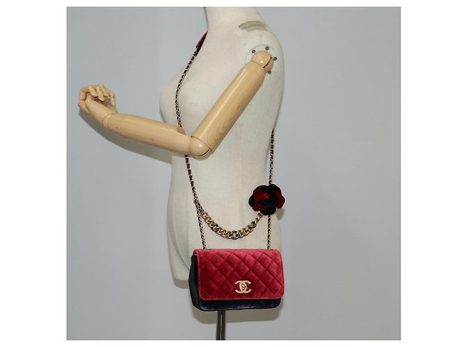 CHANEL Matelassé Camelia Borsa a Spalla con Catena Velluto Rosso CC Auth KD378SM Blu navy - vista 39