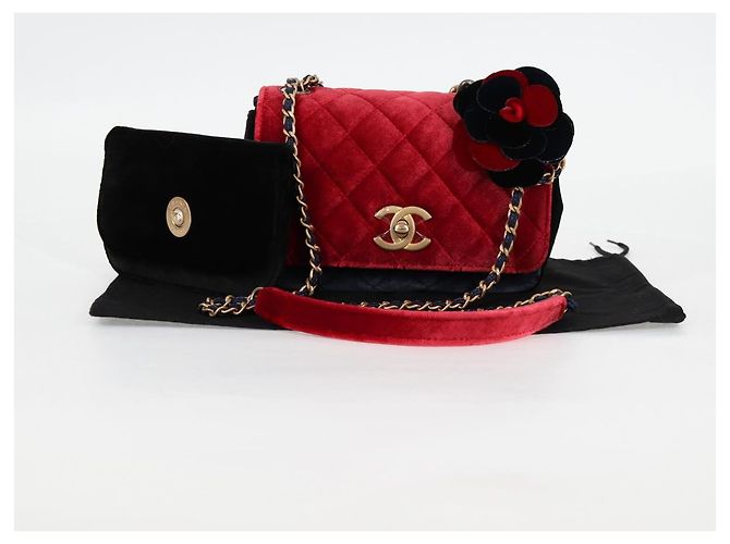 CHANEL Matelassé Camelia Borsa a Spalla con Catena Velluto Rosso CC Auth KD378SM Blu navy - vista 40