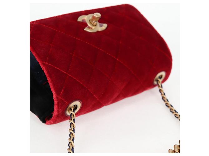 CHANEL Matelassé Camelia Borsa a Spalla con Catena Velluto Rosso CC Auth KD378SM Blu navy - vista 6