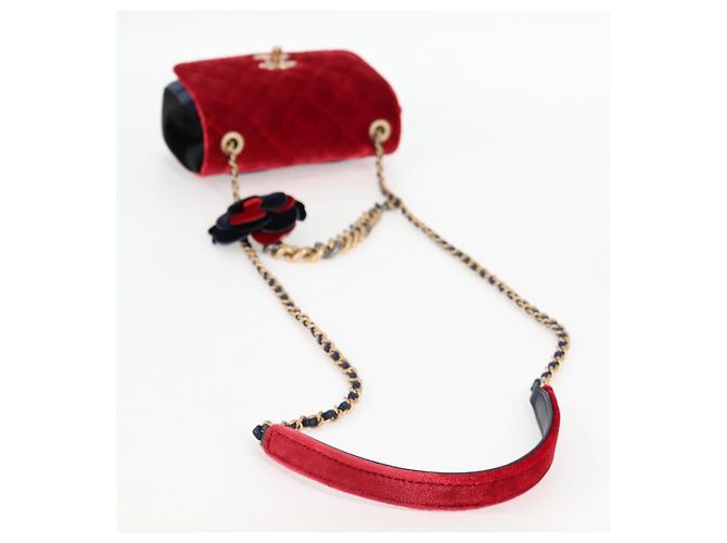 CHANEL Matelassé Camelia Borsa a Spalla con Catena Velluto Rosso CC Auth KD378SM Blu navy - vista 7