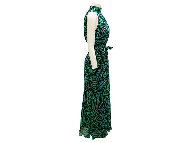 Fuzzi grün / schwarz bedrucktes ärmelloses Maxikleid mit Gürtel - Ansicht 2