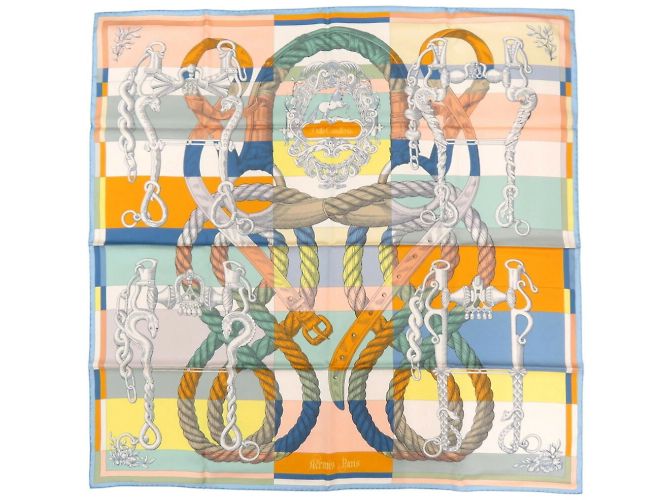 Hermès Bufanda de seda Della Cavalleria de doble cara Hermes Carre 90 Azul Multicolor Naranja Amarillo - vista 2