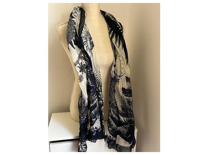 Sciarpa Hermès in cotone nera e color guscio d'uovo Nero Bianco sporco - vista 2