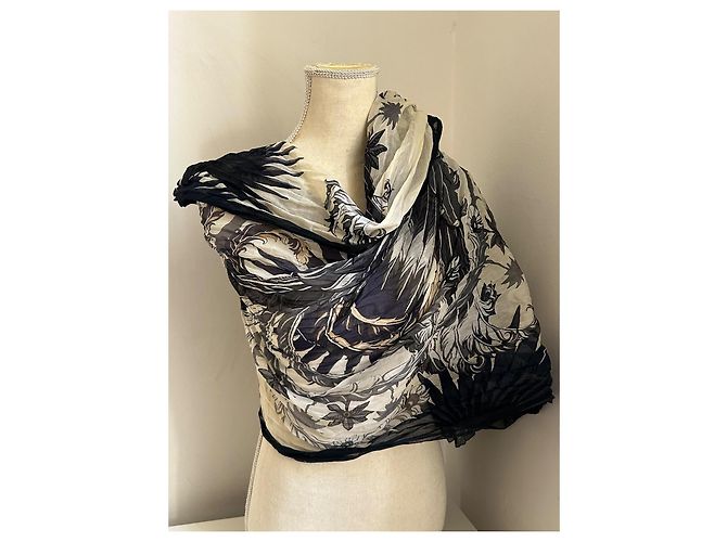 Sciarpa Hermès in cotone nera e color guscio d'uovo Nero Bianco sporco - vista 3