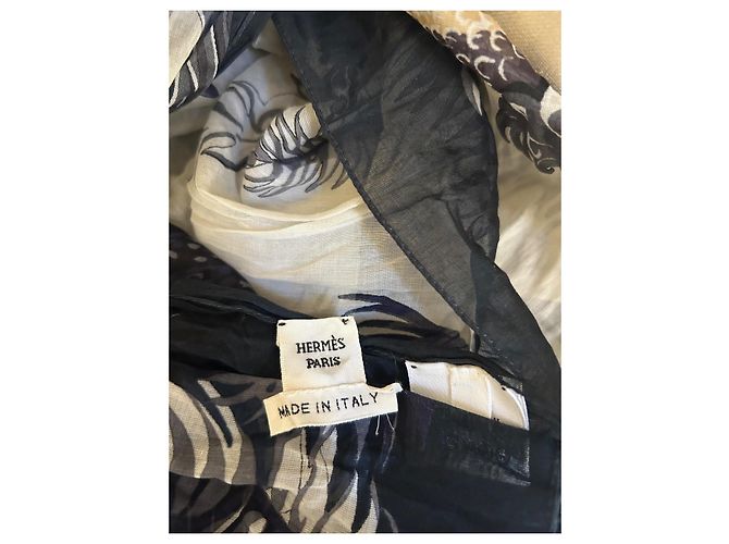 Sciarpa Hermès in cotone nera e color guscio d'uovo Nero Bianco sporco - vista 4