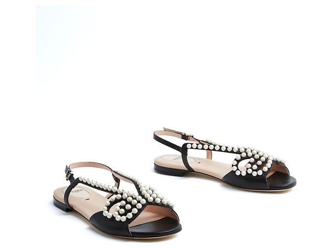 Sandali Fendi Perle FR38 Pelle Nera Sandali piatti con Perle Eleganti UK5 US7.5 Nuovi Nero - vista 2