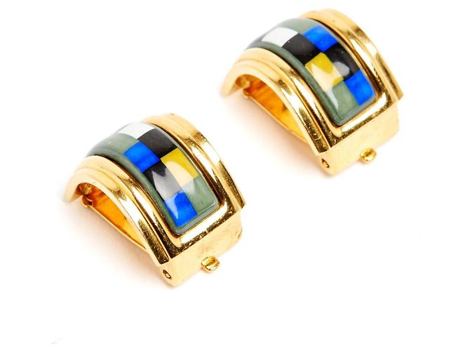 Orecchini a clip Hermès Boucles Clips Email Imprime Blu grigio D'oro - vista 2