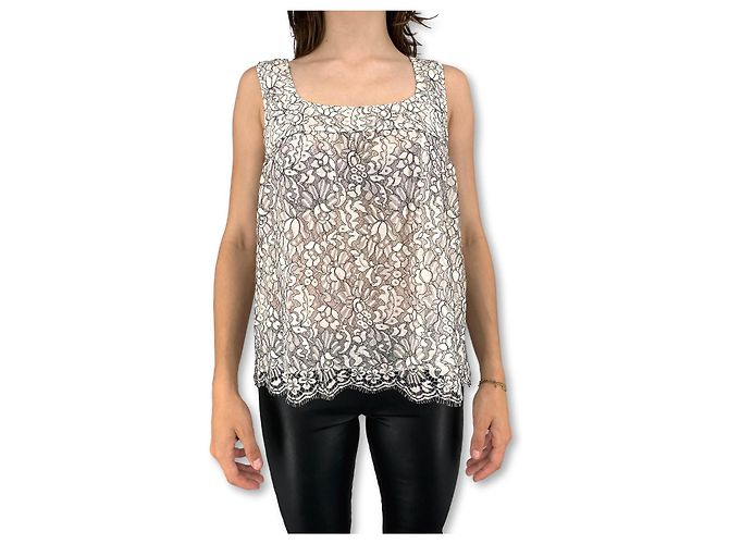 Chanel top semi-trasparente in pizzo bianco e nero Bianco sporco Silver hardware - vista 2