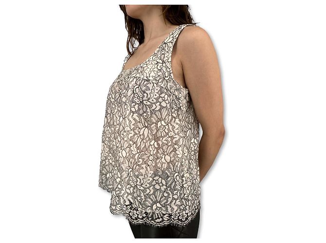 Chanel top semi-trasparente in pizzo bianco e nero Bianco sporco Silver hardware - vista 3