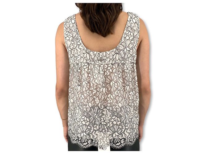 Chanel top semi-trasparente in pizzo bianco e nero Bianco sporco Silver hardware - vista 5