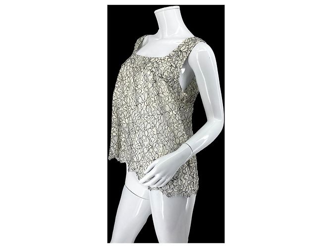 Chanel top semi-trasparente in pizzo bianco e nero Bianco sporco Silver hardware - vista 7