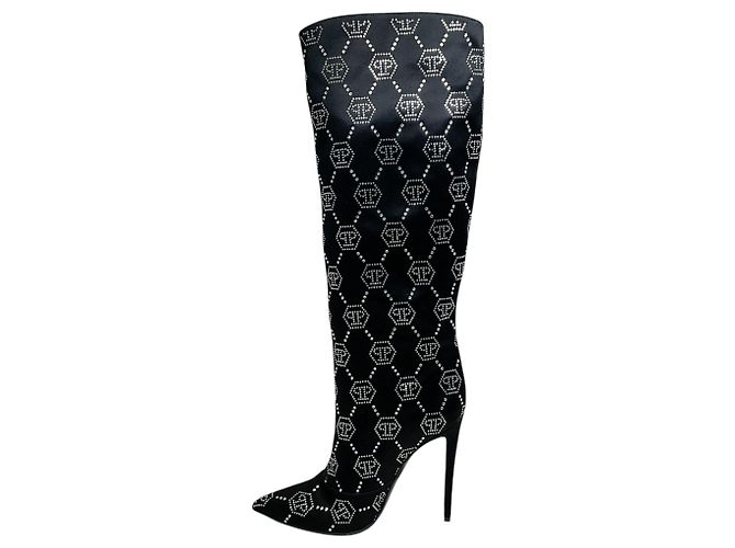 Stivali Monogram in Satin Nero con Strass Philipp Plein - vista 3