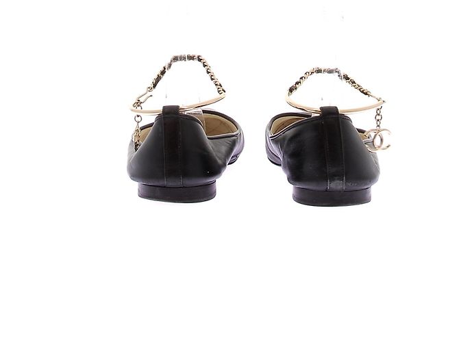 Chanel Bailarinas de cuero negro con cadena de tobillo dorada - vista 5