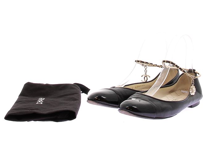 Chanel Bailarinas de cuero negro con cadena de tobillo dorada - vista 8