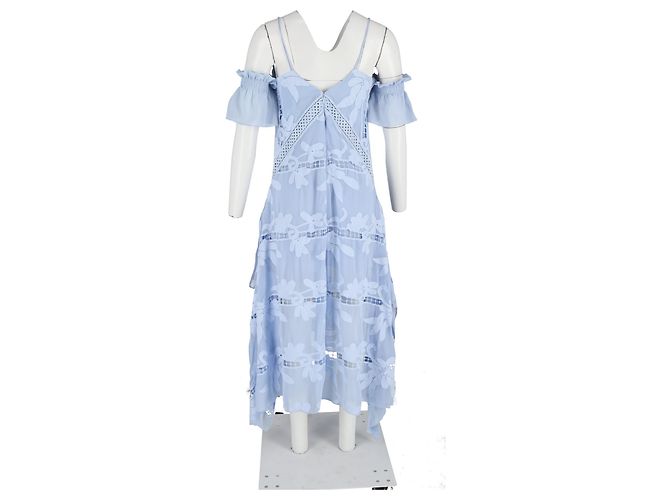 Self portrait Self-Portrait Off-The-Shoulder Embroidered Georgette Dress in Light Blue Polyester - view 6