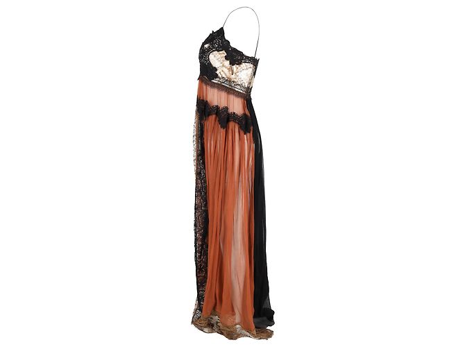 Alberta Ferretti Spitzen-Maxikleid aus braunem und schwarzem Seidenstoff - Ansicht 2