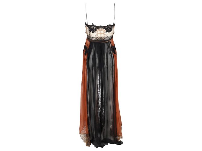 Alberta Ferretti Spitzen-Maxikleid aus braunem und schwarzem Seidenstoff - Ansicht 3