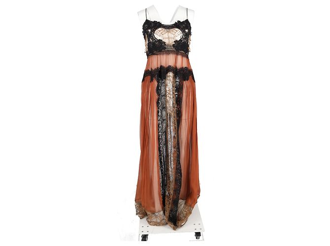Alberta Ferretti Spitzen-Maxikleid aus braunem und schwarzem Seidenstoff - Ansicht 4