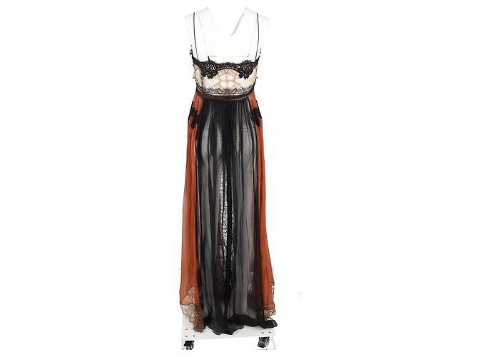 Alberta Ferretti Spitzen-Maxikleid aus braunem und schwarzem Seidenstoff - Ansicht 6