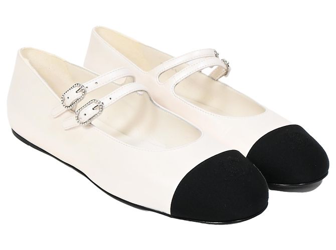 Classique Chanel Grosgrain Perle Mary Jane Ballet en Cuir d'Agneau Blanc - vue 7