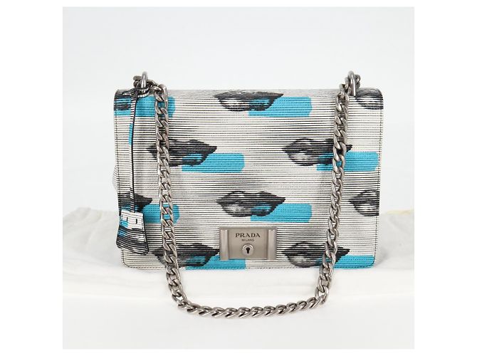 PRADA Borsa a Spalla con Catena in Pelle Blu Argento Auth KD283M - vista 12