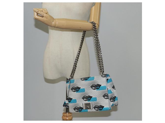 PRADA Borsa a Spalla con Catena in Pelle Blu Argento Auth KD283M - vista 28
