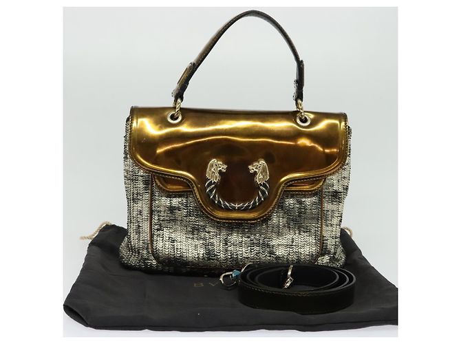 Bulgari BVLGARI Leoni Bolsa de Mão de Couro 2em1 Ouro Auth sw547 Dourado - vista 12