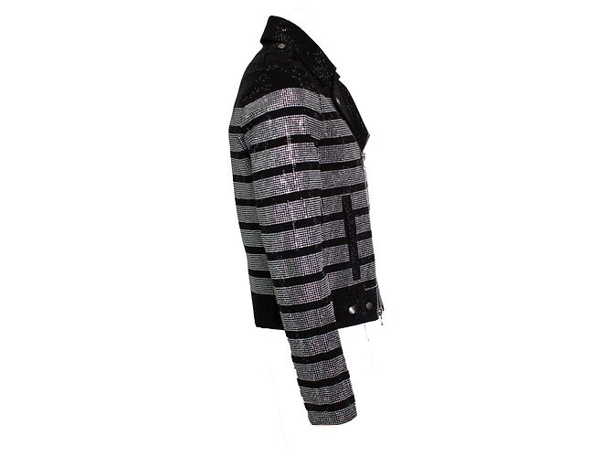 Giacca da biker a righe con strass Balmain Nero Argento - vista 2