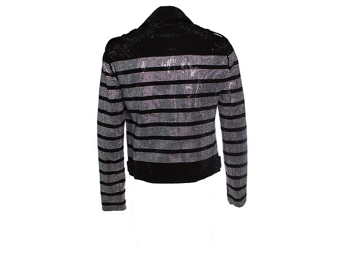 Giacca da biker a righe con strass Balmain Nero Argento - vista 3