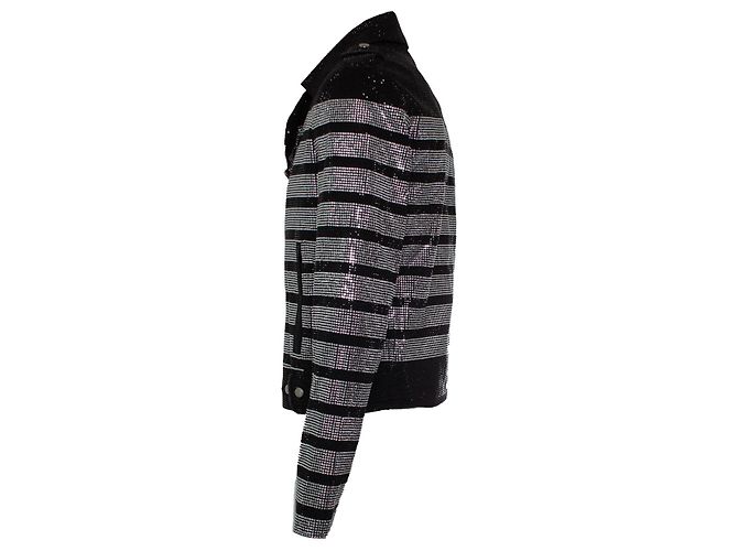 Giacca da biker a righe con strass Balmain Nero Argento - vista 4