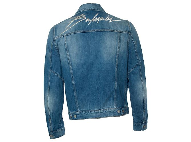Blaue Denimjacke mit Rockstar-Logo von Balmain - Ansicht 2
