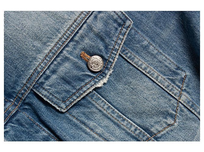 Blaue Denimjacke mit Rockstar-Logo von Balmain - Ansicht 7