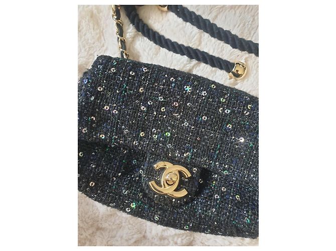 Timeless Chanel Mini Flap Stagionale Con Manico In Perle Tweed Blu Scuro LGHW Nero - vista 2