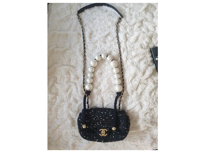 Timeless Chanel Mini Flap Stagionale Con Manico In Perle Tweed Blu Scuro LGHW Nero - vista 3