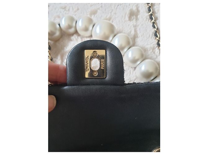 Timeless Chanel Mini Flap Stagionale Con Manico In Perle Tweed Blu Scuro LGHW Nero - vista 7
