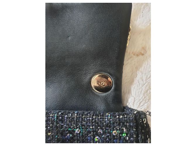 Timeless Chanel Mini Flap Stagionale Con Manico In Perle Tweed Blu Scuro LGHW Nero - vista 8