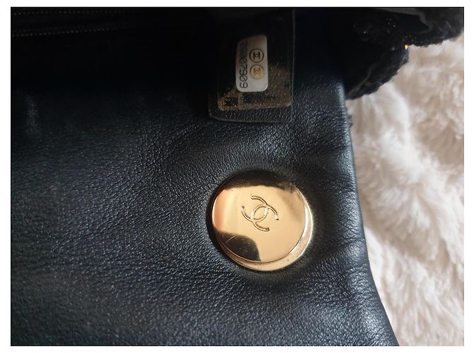Timeless Chanel Mini Flap Stagionale Con Manico In Perle Tweed Blu Scuro LGHW Nero - vista 9