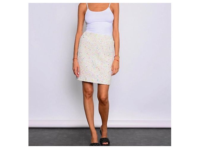 Gonna Chanel in tweed bianco e paillettes multicolori Bianco sporco - vista 8