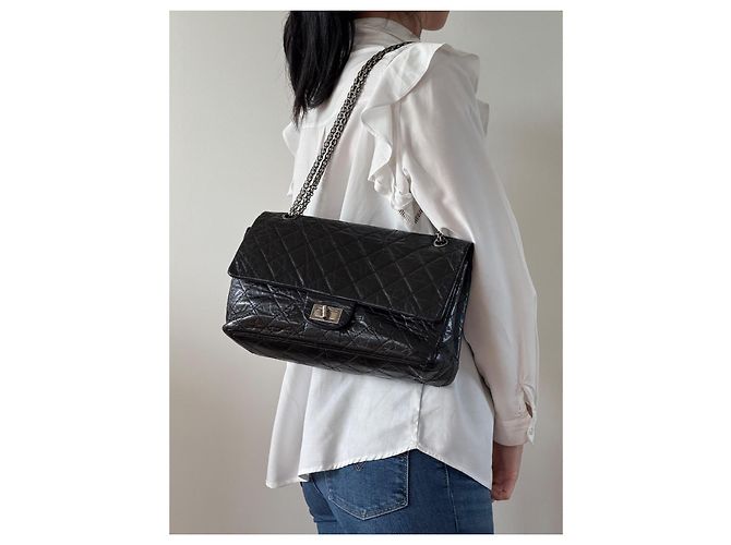 Chanel 2.55 Reedição – Tamanho Grande – Couro Envelhecido Preto & Hardware Prateado - vista 7