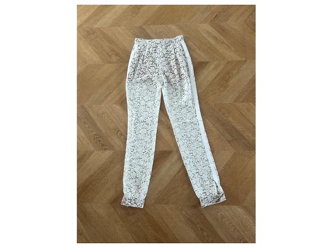 Calça Chanel branca de viscose e renda Branco - vista 8