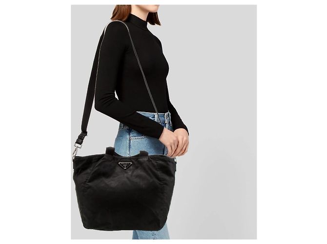 PRADA Borsa Shopper in Nylon Tessuto Nera Nero - vista 3
