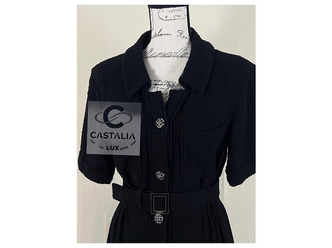 Chanel Schwarzes Tweedkleid mit Gürtel CC Logo 36 FR - Ansicht 10