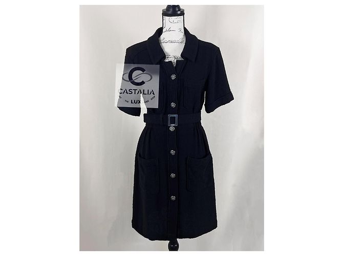 Chanel Schwarzes Tweedkleid mit Gürtel CC Logo 36 FR - Ansicht 3