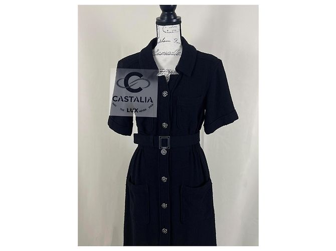 Chanel Schwarzes Tweedkleid mit Gürtel CC Logo 36 FR - Ansicht 4