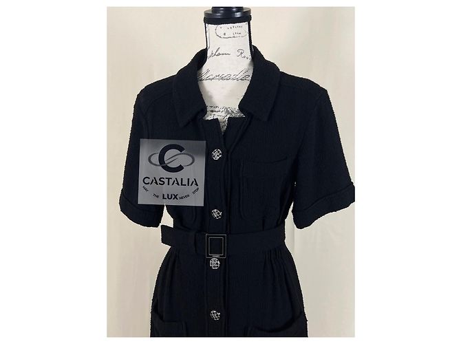 Chanel Schwarzes Tweedkleid mit Gürtel CC Logo 36 FR - Ansicht 5