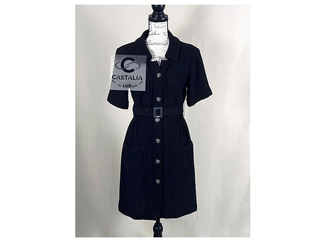 Chanel Schwarzes Tweedkleid mit Gürtel CC Logo 36 FR - Ansicht 8