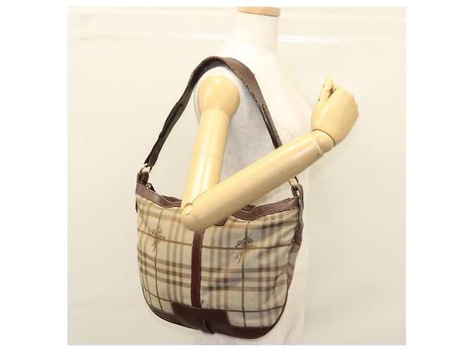 Borsa a Spalla Burberry Nova Check in Tela Beige Oro Auth 116276 D'oro - vista 21