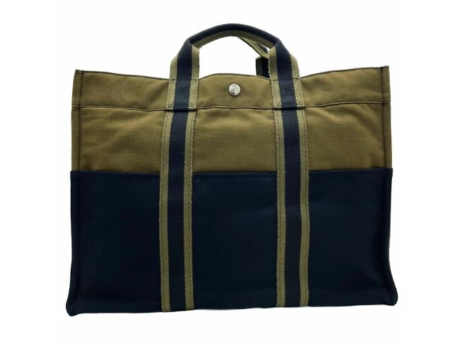 Hermès Foule MM Canvas Tote Bag Schwarz Grün Khaki - Ansicht 2