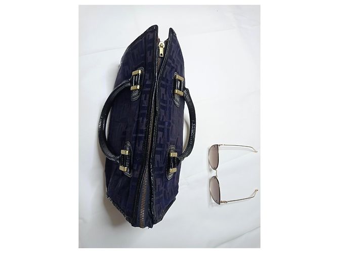 Borsa a mano Fendi Boston Zucca tela nera Nero Blu navy Blu scuro - vista 16
